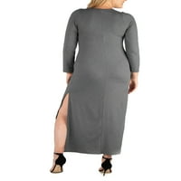 Удобност облека, женски плус големина со долга ракав страничен отвор, вграден црн макси фустан