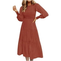 Фустан Со Плус Големина За Жени Women Зима Мода Мода Со Долги Ракави Кружен Врат Цврст Долг Фустан Црвен С