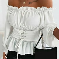 Женски Врвови Обична Блуза Со Долги Ракави Цврсти Жени Модни Блузи За Вратот На Екипажот Бели М