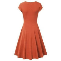Handesенски фустани ракав А-линија миди фустан, обичен цврст V-врат летен фустан портокал l