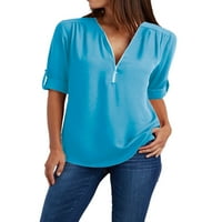 Womenените плус големина V-врат патент со долг ракав лабава шифонска блуза врв