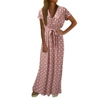 Lutmen'sенски летен фустан краток ракав со кратки ракави, обичен гроздобер квадратен врат со висок отвор макси фустан