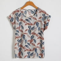 Womenените кратки ракави врвови на кошули за печатење на лисја на Хаваи Бохо слатки графички туники шифон маици летни обични