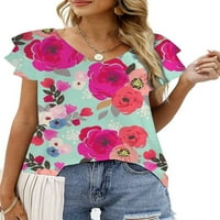 Glonme жени летни врвови на маица со цвеќиња со кратки ракави со кратки ракави плажа обична мета лабава v вратот Туника блуза