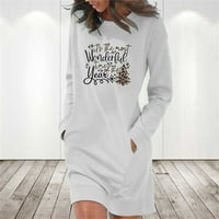 Лашал Женска Мода Божиќни Печатени Џебови Фустан Со Пуловер Со Долги Ракави, Бел