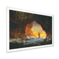 Дизајн на морската пештера на зајдисонце со човекот што шета во „Наутички и крајбрежен врамен уметнички принт
