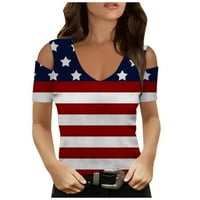 Дијанли Патриотски Кошули За Жени V-Вратот Туника Американско Знаме Ѕвезда Шарени Печатење Краток Ракав Летни Маици Лабава Мода