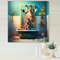 DesignArt Giraffe Caricature Splashing наоколу во цветна бања јас платно wallидна уметност