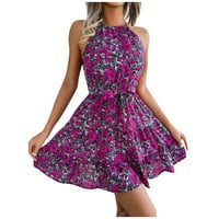 Летни Фустани За Жени Мини Секојдневен Цветен Фустан Без Ракави А-Линија Потсмеваат На Вратот Виолетова М