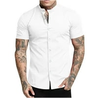 Менс цврста боја штанд кошули со јаки со кратки ракави врвови со џебови зимска обична блуза со тенок фит