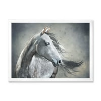 DesignArt 'црно -бел портрет на фарма куќа на диви коњи, врамена уметничка принт