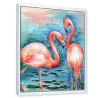 DesignART 'Пинк Фламинго Loveубовни птици во сина вода i' Фарма куќа врамена платно wallидна уметност печатење