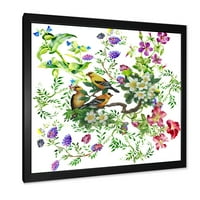 DesignArt 'Тропски птици кои седат на цветно дрво' Традиционално врамено уметничко печатење