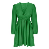 Апсуни фустани за жени обични V-вратот Зимски пад цврста боја Долга ракав копче долги фустани зелена големина s