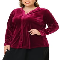 Единствени поволни цени за женски плус големина кошула со кадифено врвот на долги ракави V вратот на копчето надолу од кошули