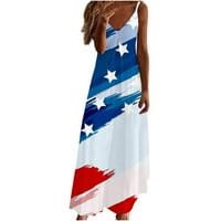 Дијанли Американски Знаме Фустан V - Вратот Без Ракави Макси Американско Знаме Печатење Летни Фустани Шпагети Ремен Империја