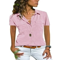 WTPretty Жени Кратки Ракави Копчиња Кошула Еднобојна Обична Блуза Блузи