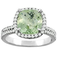 14К бело злато природно зелено зелено аметистичко ореол прстен перница 9x дијамантски акцент, големина 6